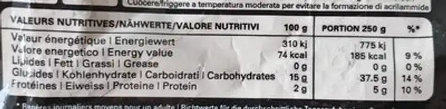Patates fermes nutrition facts table