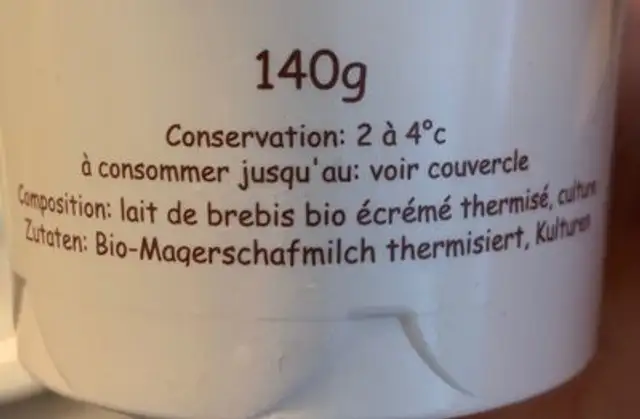Séré maigre de Brebis ingredients label