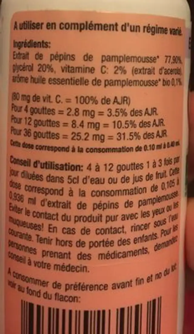 Grapex Bio 78% Flacon Pet - 50 ML - Grapex ingredients label