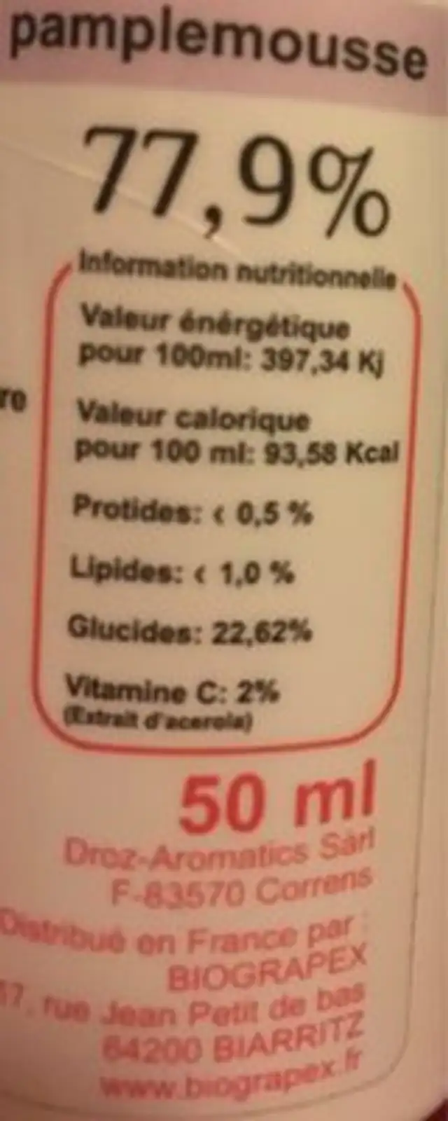 Grapex Bio 78% Flacon Pet - 50 ML - Grapex nutrition facts table
