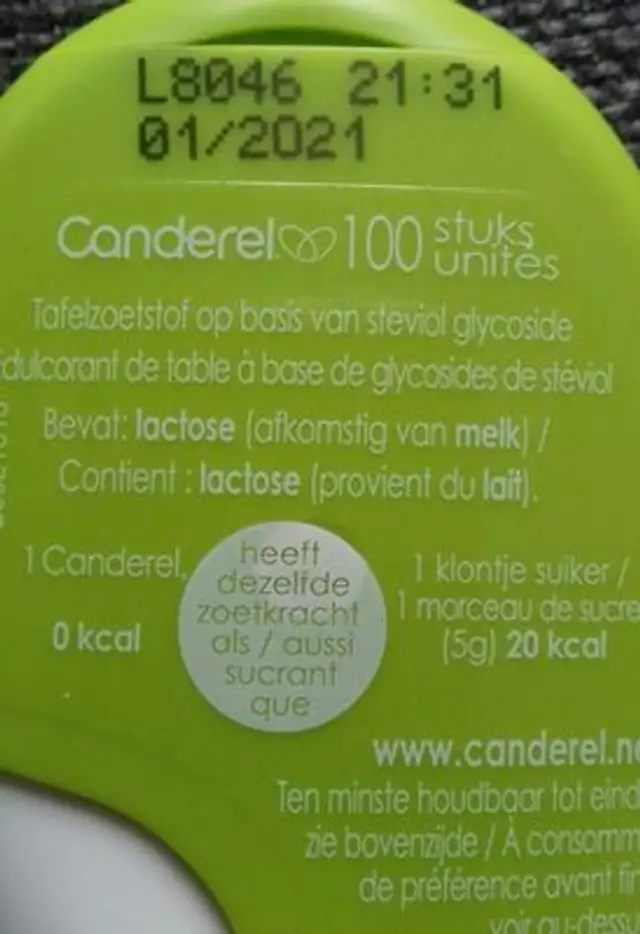 Canderel Green Stevia ingredients label