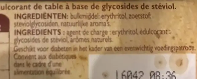 Pure Via Stevia ingredients label
