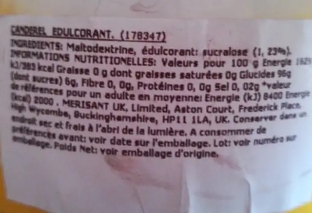 Canderel Yellow 75G ingredients label