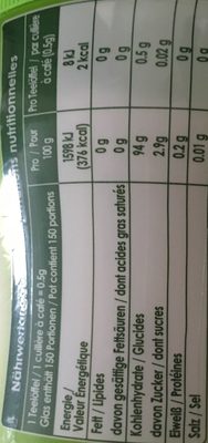 Stevia ingredients label