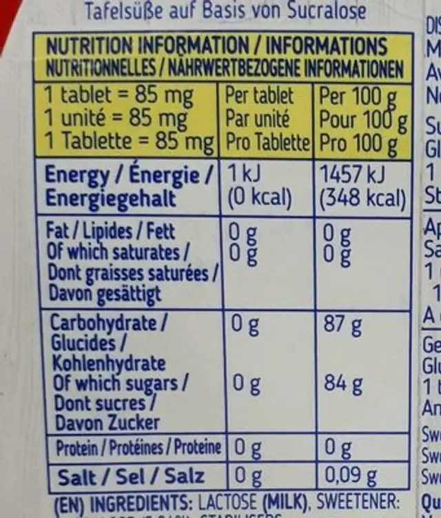 Édulcorant basse calorie à base de sucralose nutrition facts table