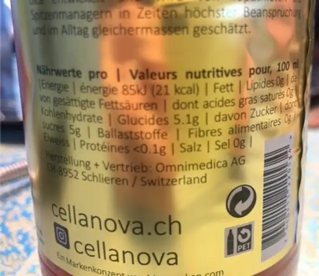 Cella Nova nutrition facts table