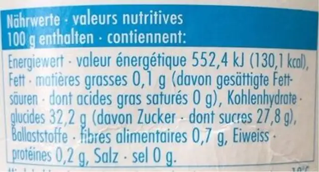 Luna llena Mangue nutrition facts table