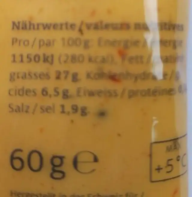 Curry & Mango Dressing nutrition facts table