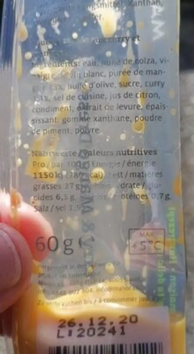 Curry & Mango Dressing nutrition facts table