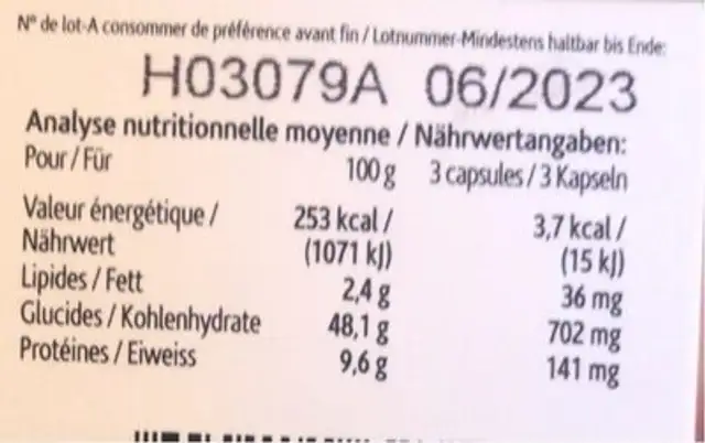 Gélules de thé vert nutrition facts table
