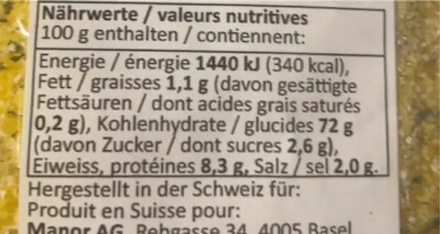 Polenta “Ticino” nutrition facts table