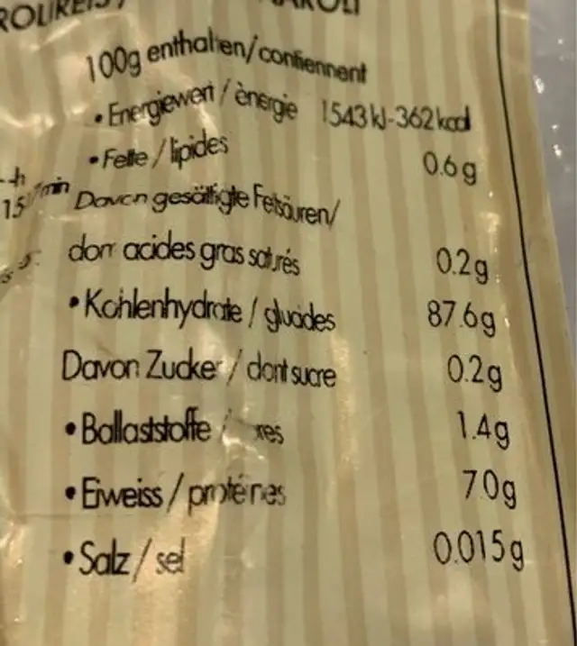 Risoto nutrition facts table