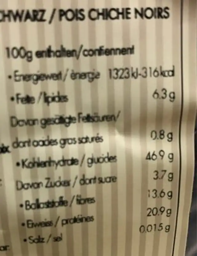 Ceci neri nutrition facts table