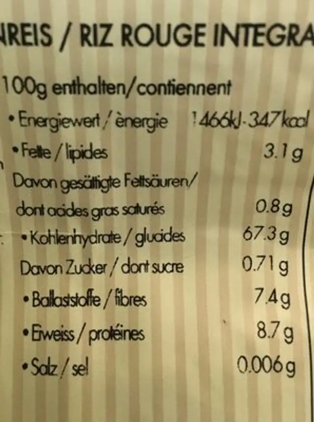 Riso Integrale Rosso nutrition facts table