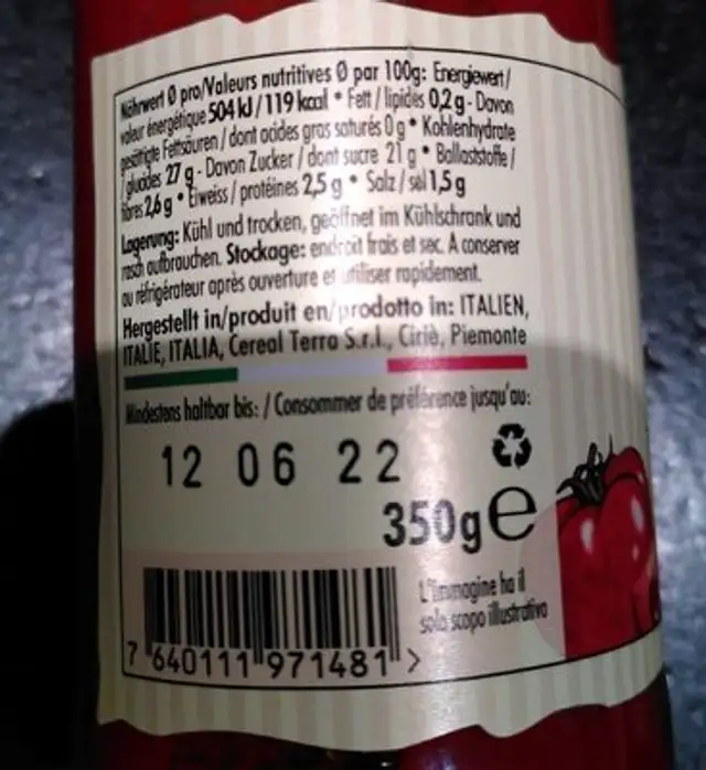 Ketchup tradizionale nutrition facts table