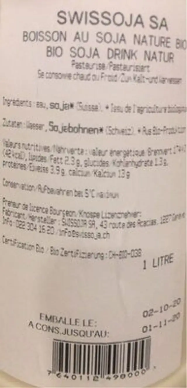 Soja drink nutrition facts table