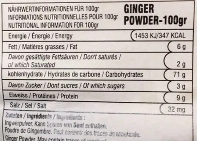 Poudre de gingembre nutrition facts table