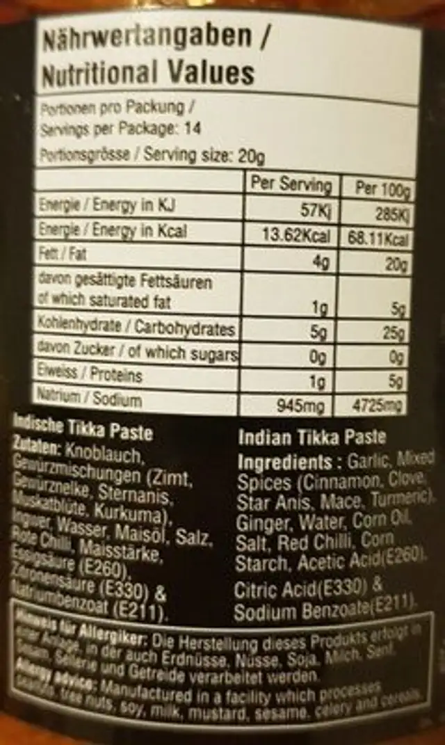Tikka Paste nutrition facts table