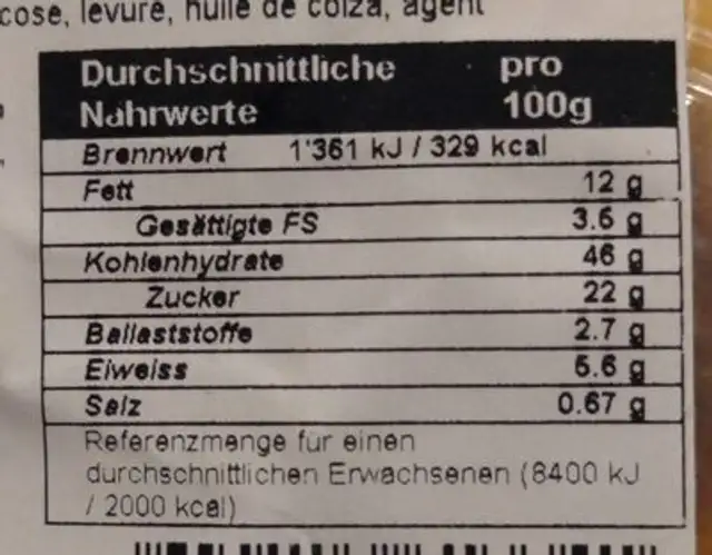 Escargot brioché nutrition facts table