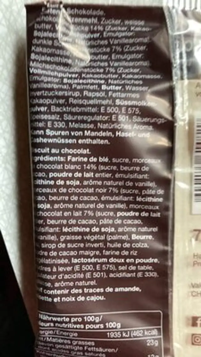 Cookie Triple Chocolate ingredients label