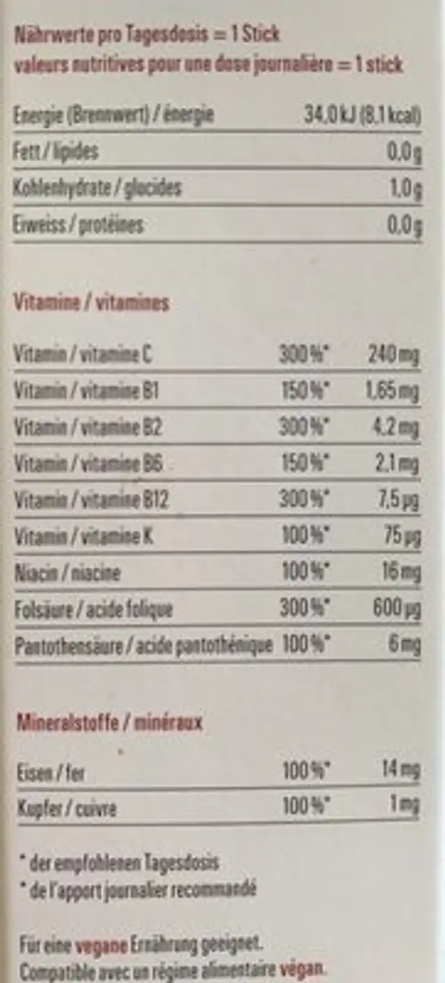 Axa Eisen nutrition facts table