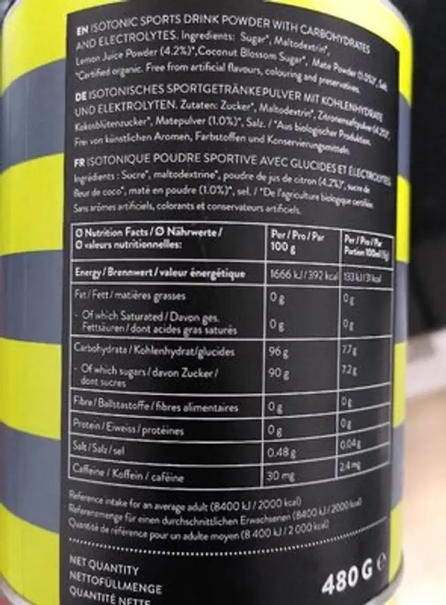 Isotonic nutrition facts table