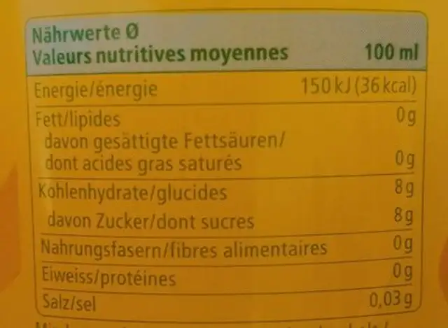 Limonade orange Aquina nutrition facts table