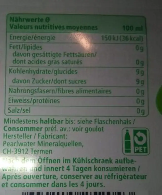 Aquina Grapefruit nutrition facts table