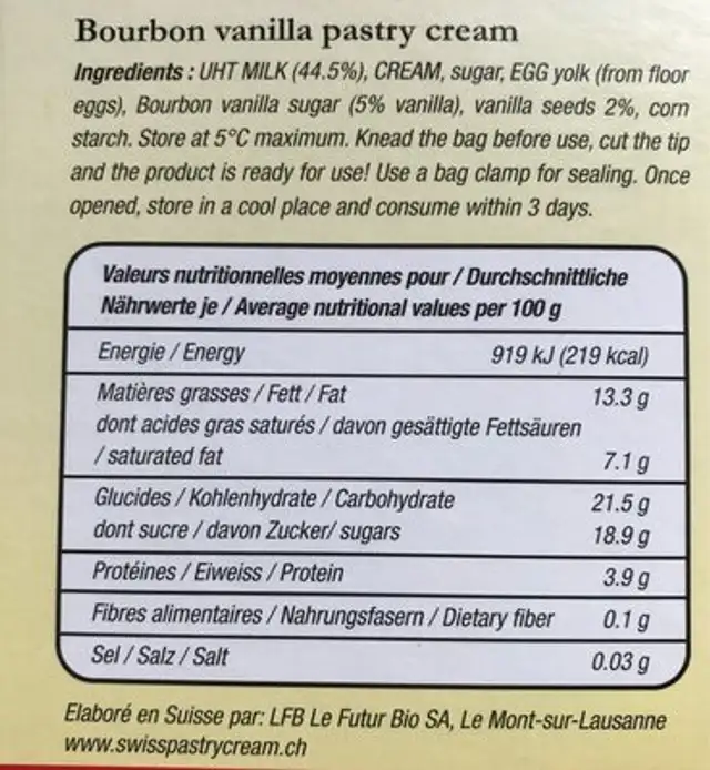 Swiss Pastry Cream Vanille Bourbon nutrition facts table