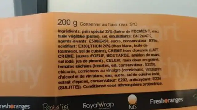 Royal Wrap Thon & maïs ingredients label