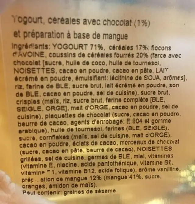 Croquant Chocolat ingredients label