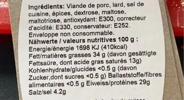 La Gruerienne nutrition facts table