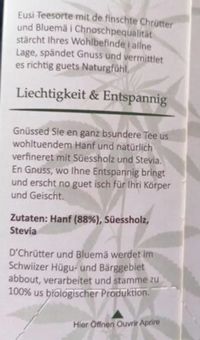 Liechtigkeit & Entspannig Hanftee 88% nutrition facts table
