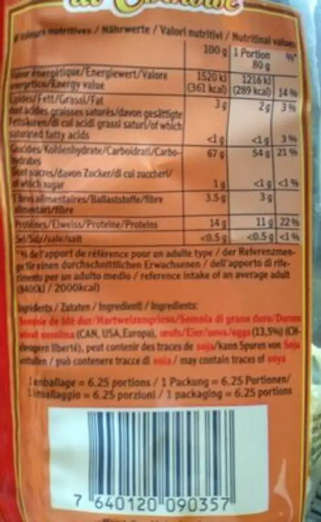 Pâtes aux oeufs nutrition facts table