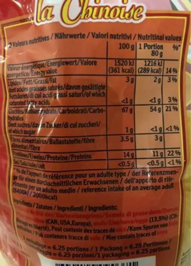 Pates Lampions ingredients label