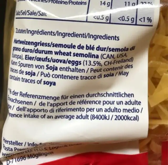 Tagliatelle ingredients label