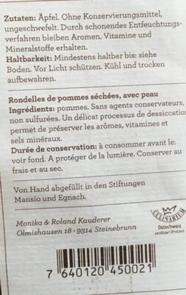 Öpfelringli ingredients label