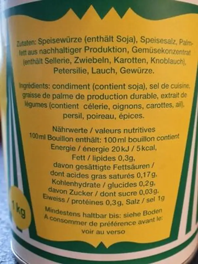 Bouillon de légumes nutrition facts table