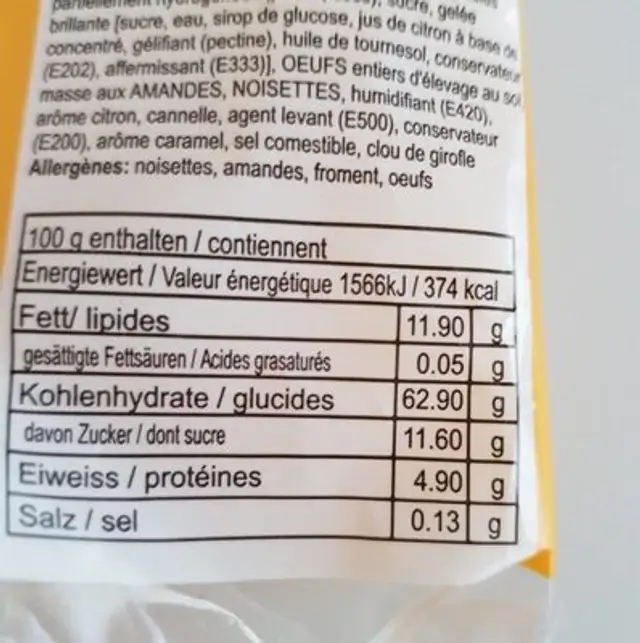 Linsertörtli nutrition facts table