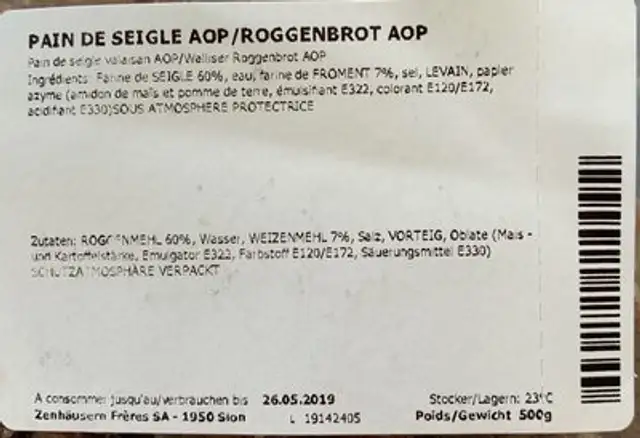 Pain de seigle valaisan ingredients label
