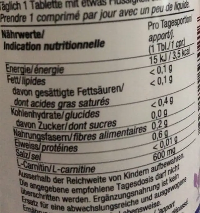 BURGERSTEIN L-CARNITIN VITAMIN ADULTE nutrition facts table