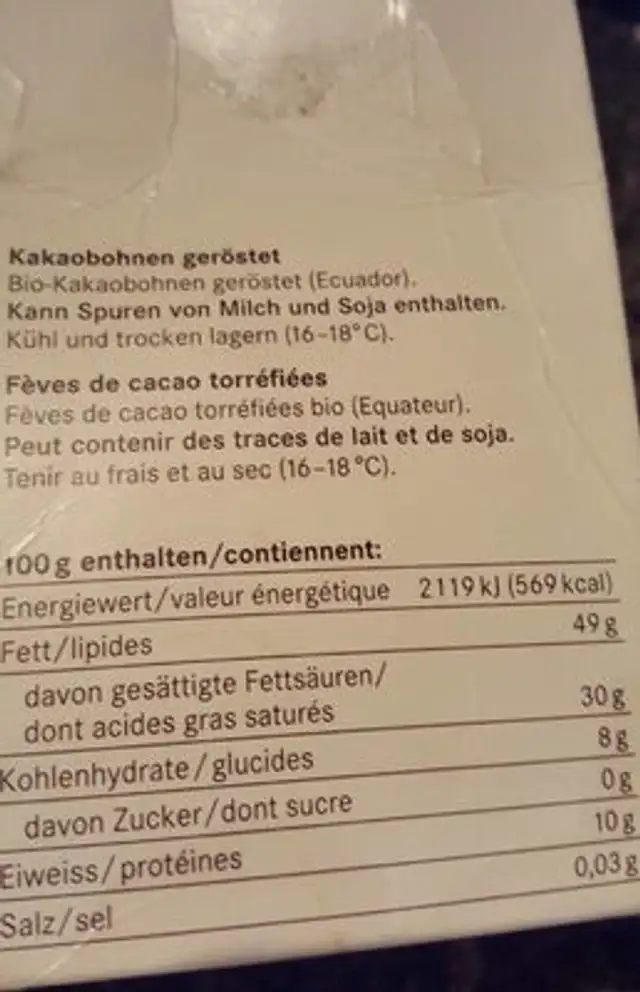Cacao nutrition facts table
