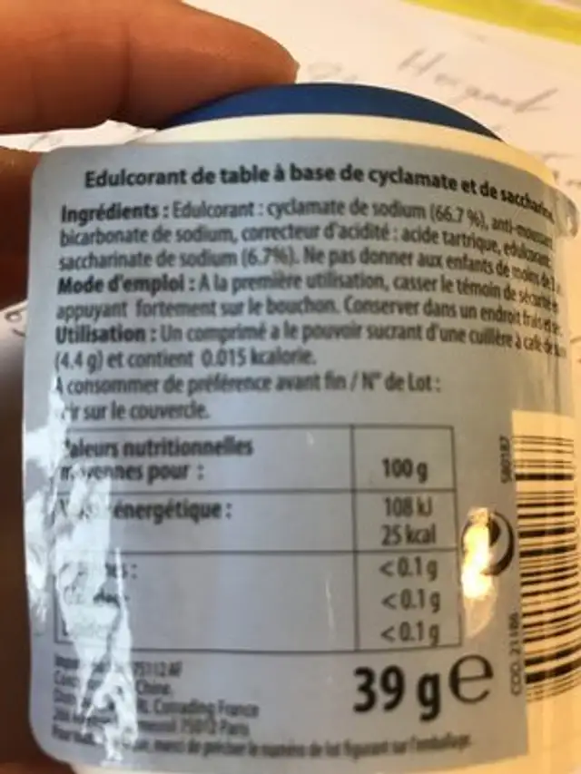 Edulcorant ingredients label