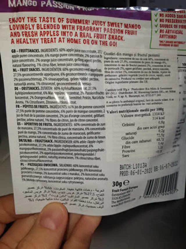 Real fruit snack mango passion fruit ingredients label