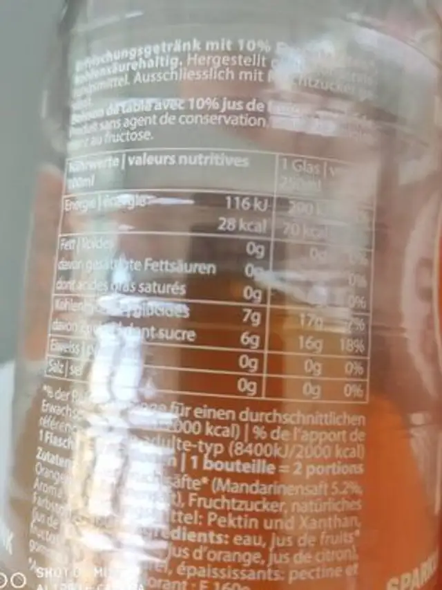 Mojo Sparkling Fruit Drink Mandarin nutrition facts table