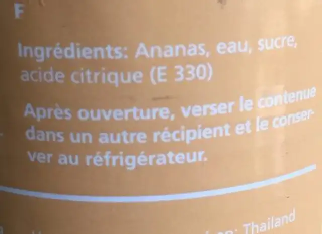 Ananasscheiben ingredients label