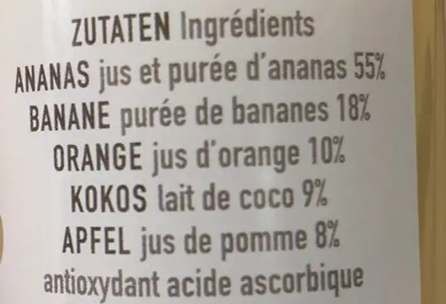 Sluups Smoothie ananas-coco ingredients label