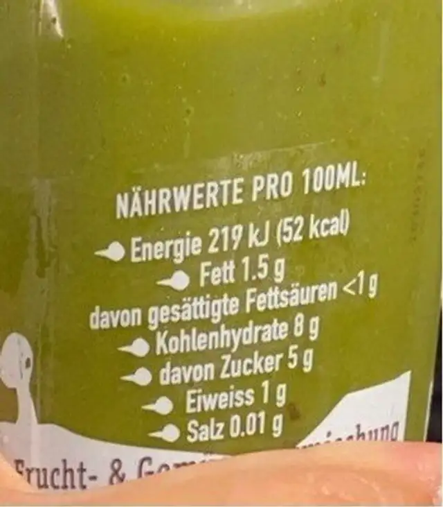 Green smoothie veggie and fruits nutrition facts table