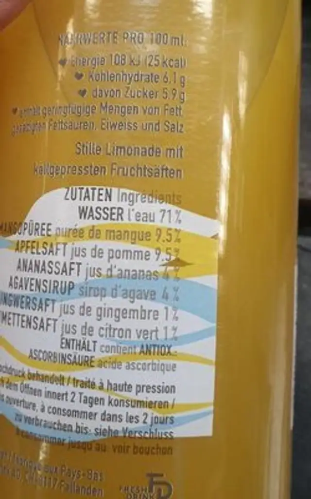 Limonade mangue-gingembre nutrition facts table