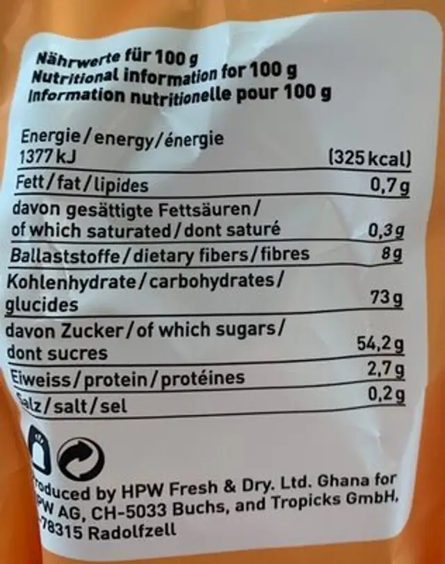 Mango dried fruit nutrition facts table